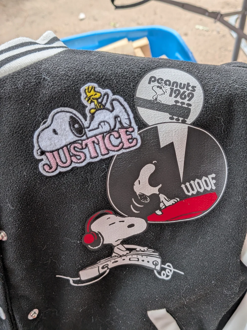 Justice Black & White Snoopy Patch Varsity Jacket